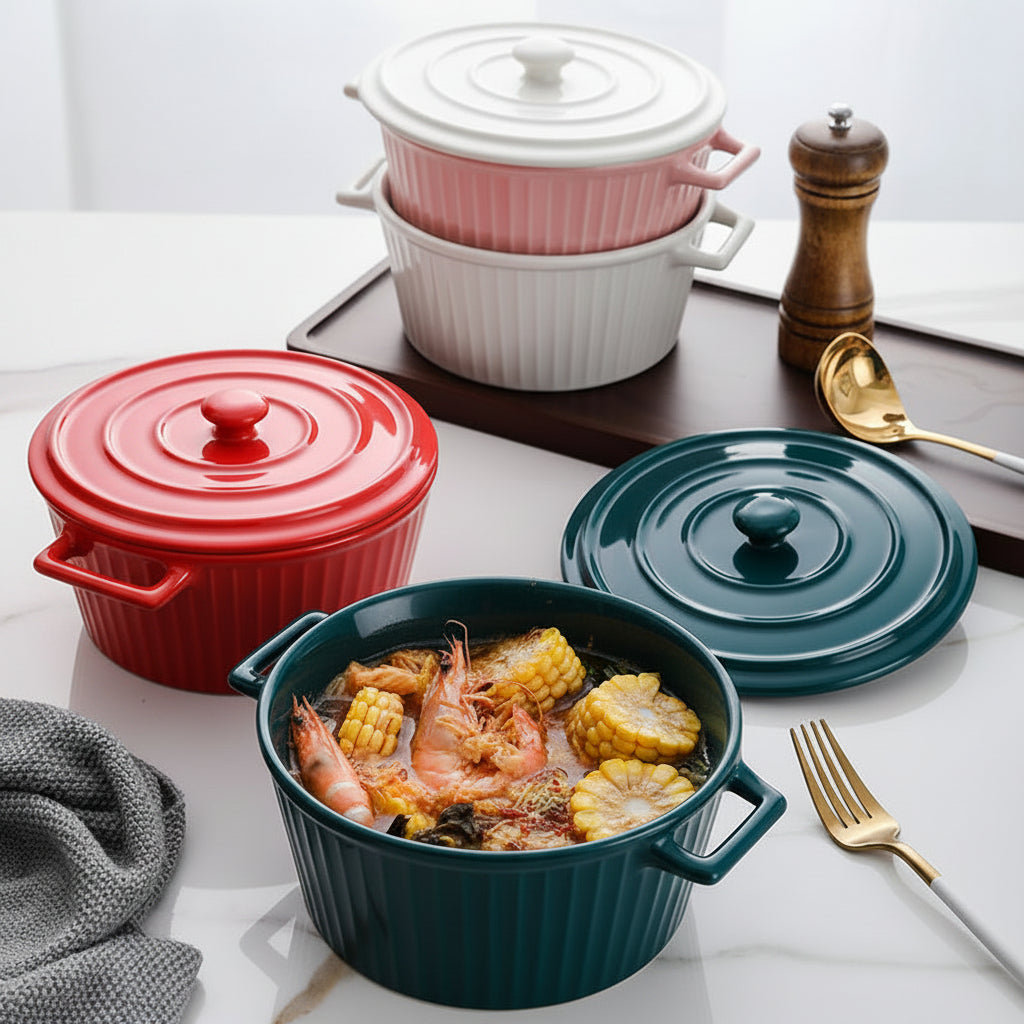 Nordic Style Simple Ceramic Double Ear Salad Bowl with Lid