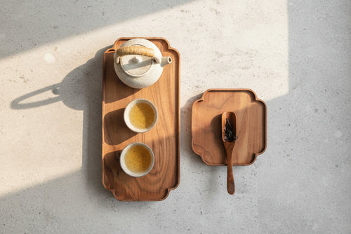 Black Walnut Rectangular Wood Tea Table Tray Set
