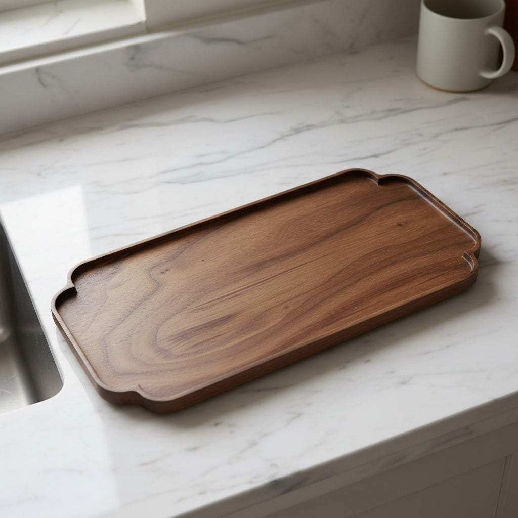 Black Walnut Rectangular Wood Tea Table Tray Set