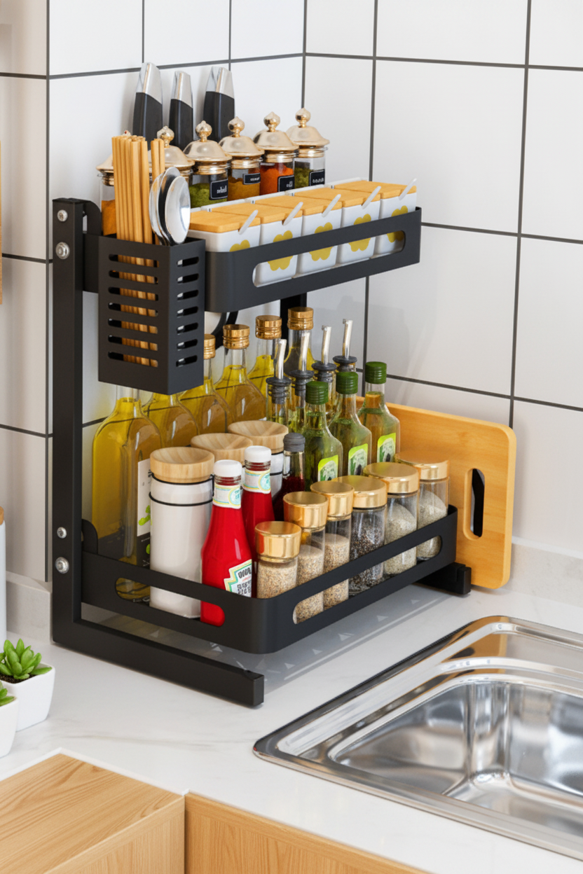 Black Stainless Steel 2-Tier Kitchen Storage Rack